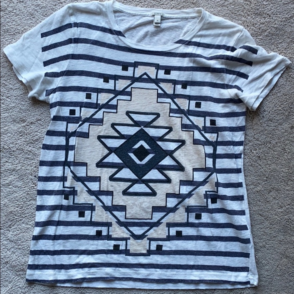 J Crew linen tee shirt. AZtec print. White/blue